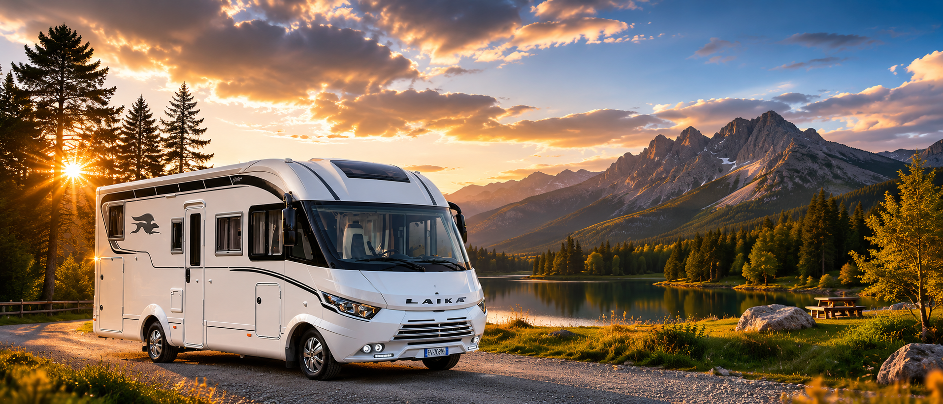 Obytný vůz Fiat Ducato Roller Team u jezera při západu slunce